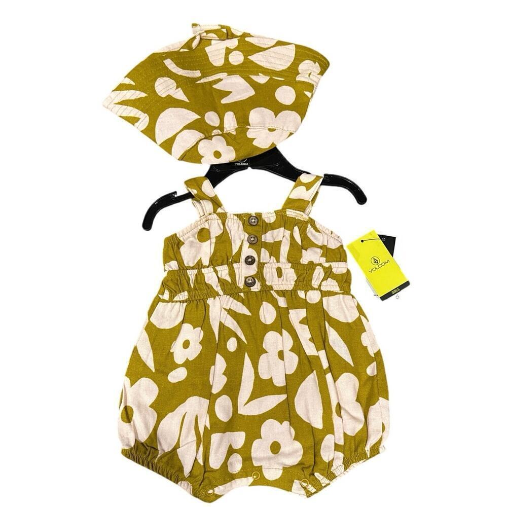 NWT Volcom Baby Linen Romper & Bucket Hat Yellow Pink Floral Size 3-6 months